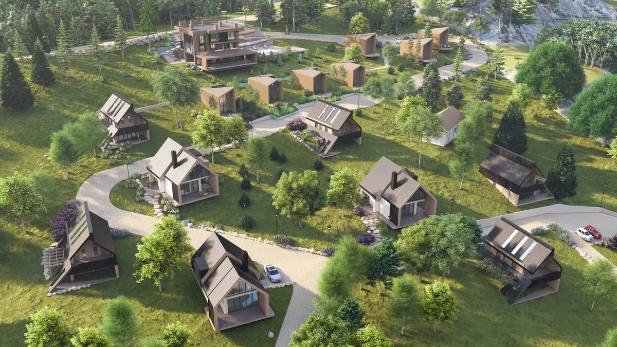 Рендер містечка GREGIT Hills над Снідавкою: будинки серед смерек, дорога і SPA-корпус